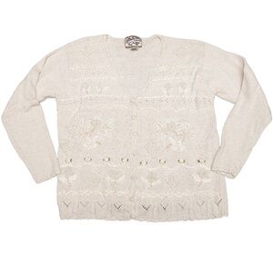 Vintage Embroidered Sweater Heirloom Collectibles Knit Beaded Flowers Ivory Sz L